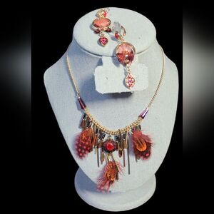 PARIS! Statement Necklace Earring Set 19" - 21" Feathers Chains Beads